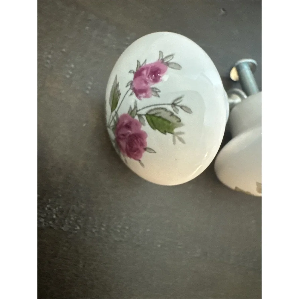 3 Belwith Wildflowers Round Drawer Pull White Porcelain Pink Flowers